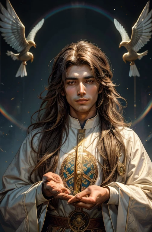 Brown long-haired handsome Symmetrical featured Male Priest with a knack for painting, spreading love and peace. Brown long-haired handsome Symmetrical featured Male Priest with the religious iconography of a bird with a rainbow feathered tail. This priest has a knack for painting, spreading love and peace