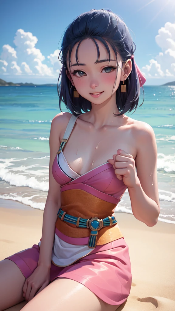 Nera、Hair Ribbon、Earrings、chest、Sash、（Highest quality、masterpiece、RAW Photos、Super detailed:1.2）、1 girl、小さなchest, Sitting, Upper Body, Turn your body forward, hot, Sweating a lot, Wipe away sweat, looking at the camera, Ocean, beach, Beach, fist, smile, Wink