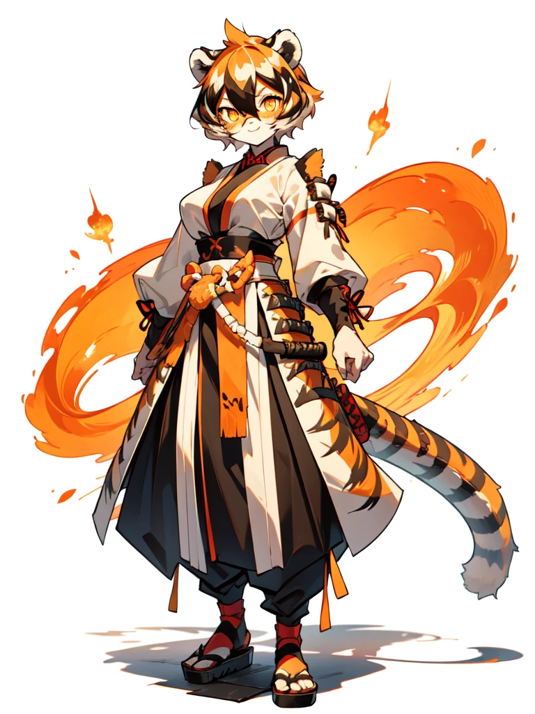 white background, full body,1girl,solo, Standing, animal ears, white hair, black hair, short hair, large breasts, Abdominal muscles,, tail, orange eyes, orange hair, multicolored hair, tiger girl, hair between eyes, tiger_ears, tiger_tail, orange-tinted_eyewear, tinted_eyewear, big breasts, evil smile, Shadows under feet, (((samurai outfit:1.2))),