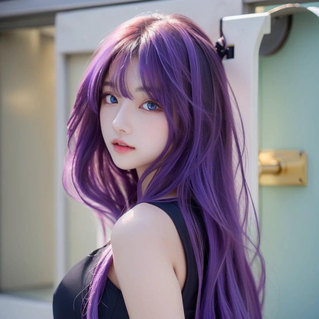 1girl with long hair and black dress standing in front of a door, anime girl wearing a black crop top, (Light purple hair), (Long hair), fair skin, blue eyes