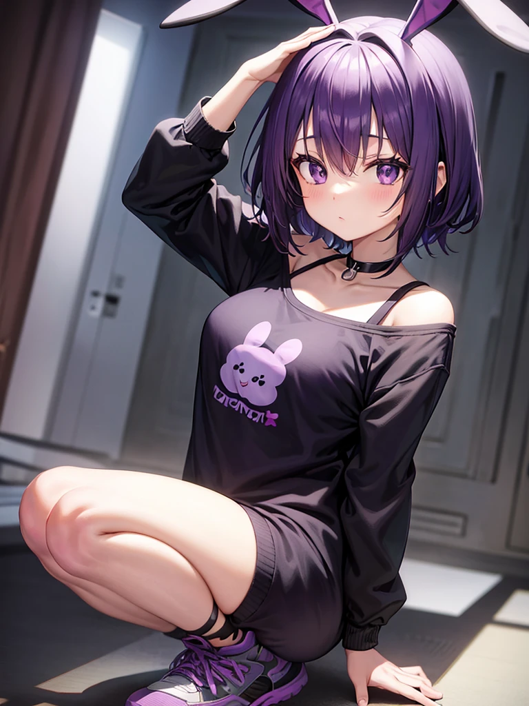 cute anime girl in black sweatshirt with short purple hair with big purple bunny ears with purple eyes