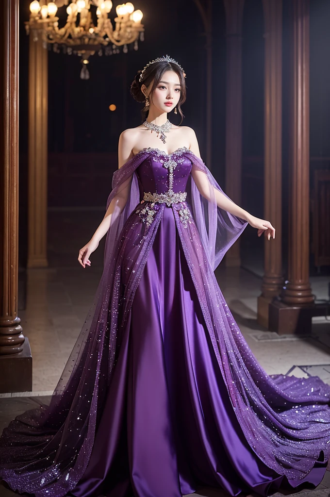 In the night light，A beautiful woman wearing a fashionable dress made of grape bunches，The grapes on the skirt show a deep purple luster under the light.。She stood in a magnificently decorated ballroom.，The skirt sways gently in the wind，It&#39;s like the grapes are dancing。She is surrounded by colorful lights and an elegant dance floor，Create a romantic and mysterious atmosphere。
