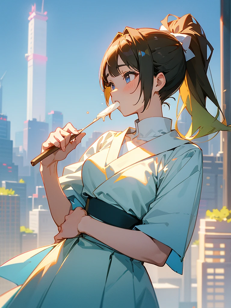 anime、masterpiece、Highest quality、Summer in Tokyo、A girl with a shiny gradient ponytail、Holding and eating ice cream、Summer gradient dress、The city overlooks the forest