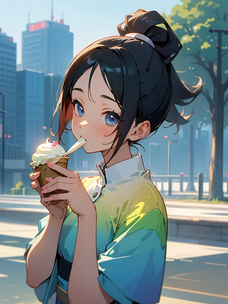 anime、masterpiece、Highest quality、Summer in Tokyo、A girl with a shiny gradient ponytail、Holding and eating ice cream、Summer gradient dress、The city overlooks the forest