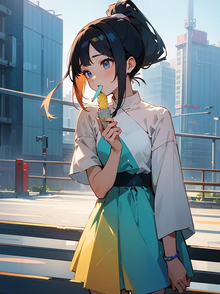 anime、masterpiece、Highest quality、Summer in Tokyo、A girl with a shiny gradient ponytail、Holding and eating ice cream、Summer gradient dress、The city overlooks the forest