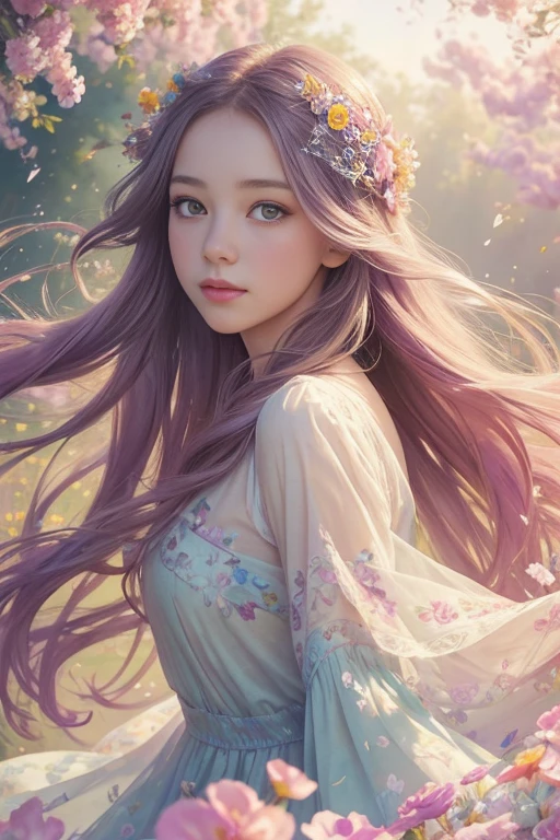A whimsical girl with long flowing flower hair,dancing in a vibrant colorful field,dreamy watercolor painting,beautiful detailed eyes,beautiful detailed lips,extremely detailed face and portrait,intricate floral hairstyle,magical realism,natural lighting,pastel colors,soft focus,ethereal atmosphere,delicate brushstrokes,lush flora,impressionistic,romantic,fantasy,high quality