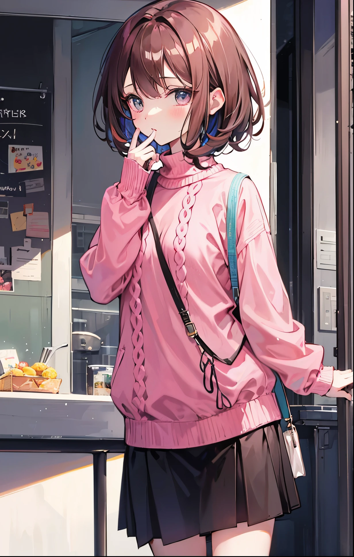 Black short hair Medusa,Pink brown sweater,Small tricks,Gallant