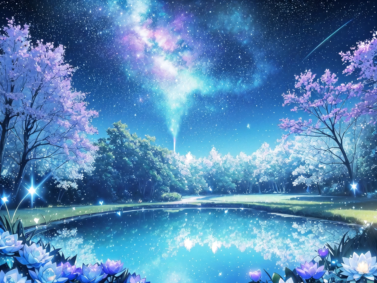 Mystical landscape with ((luminous starry blue and white flowers emitting light particles surrounding pond)),softly glowing butterflies, single beautiful vivid purple sakura tree, (((unique view with extremely vivid multicolors without any people))), {extremely detailed 16k CG unity wallpaper}, expansive natural landscape photography, (wide open field view), (low angle shot),complex details, (iridescent colors: 1.6), (dark night lighting), (atmospheric lighting), Dreamy, unique, no people, reflections perfect,(no humans),landscape only, pixiv_fantasia,((starry glittering pond,water filled with shimmering stardust)),dark night