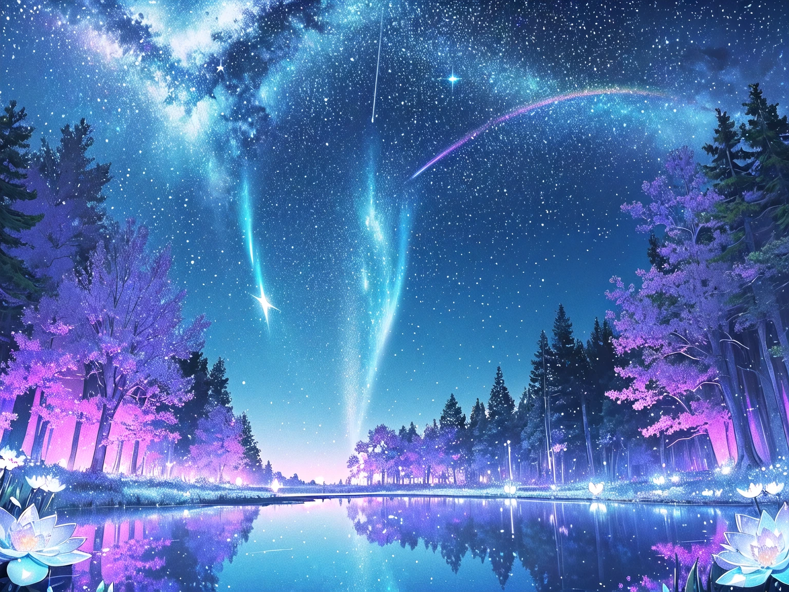 Mystical landscape with ((luminous starry blue and white flowers emitting light particles surrounding pond)),softly glowing butterflies, single beautiful vivid purple sakura tree, (((unique view with extremely vivid multicolors without any people))), {extremely detailed 16k CG unity wallpaper}, expansive natural landscape photography, (wide open field view), (low angle shot),complex details, (iridescent colors: 1.6), (dark night lighting), (atmospheric lighting), Dreamy, unique, no people, reflections perfect,(no humans),landscape only, pixiv_fantasia,((starry glittering pond,water filled with shimmering stardust)),dark night