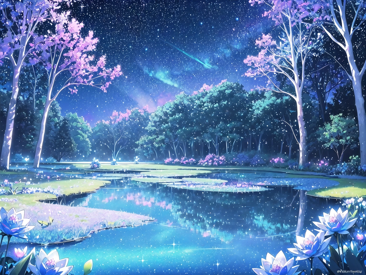 Mystical landscape with ((luminous starry blue and white flowers emitting light particles surrounding pond)),softly glowing butterflies, single beautiful vivid purple sakura tree, (((unique view with extremely vivid multicolors without any people))), {extremely detailed 16k CG unity wallpaper}, expansive natural landscape photography, (wide open field view), (low angle shot),complex details, (iridescent colors: 1.6), (dark night lighting), (atmospheric lighting), Dreamy, unique, no people, reflections perfect,(no humans),landscape only, pixiv_fantasia,((starry glittering pond,water filled with shimmering stardust)),dark night