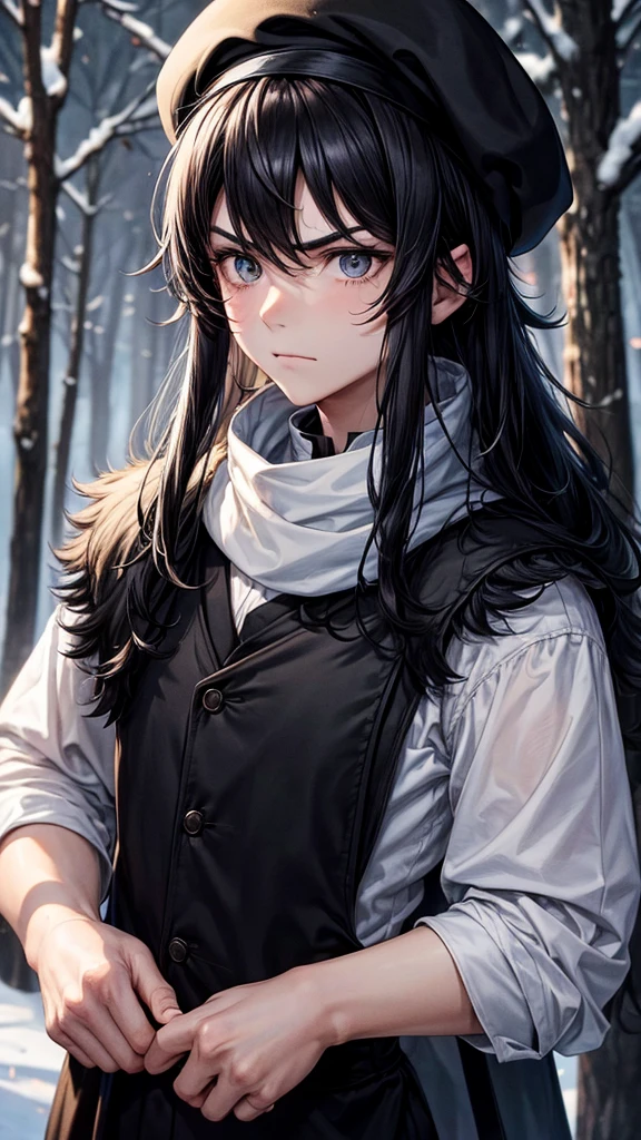 *Black shaggy-haired boy, Beret and black eyes, white skinned and a little angry, a pretty and tender face, black vest, with snowy forest landscape at night*
