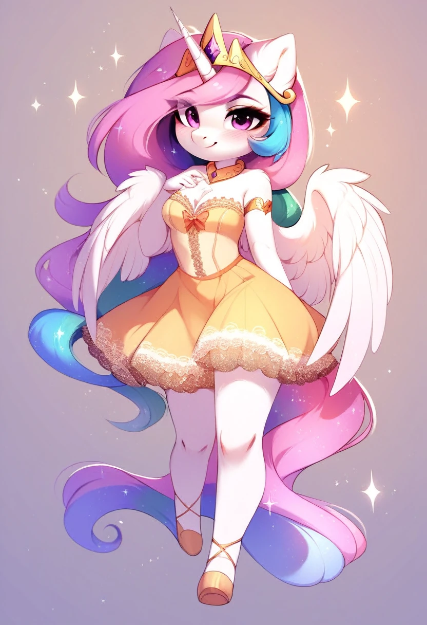 check_9, check_8_up, check_7_up, source_fluffy, rating_safe, from Magnaluna, Celestia poses seductively in a white bedroom, pink eyes, white body, anthro, blushing, wearing tight golden lingerie skirt, full body