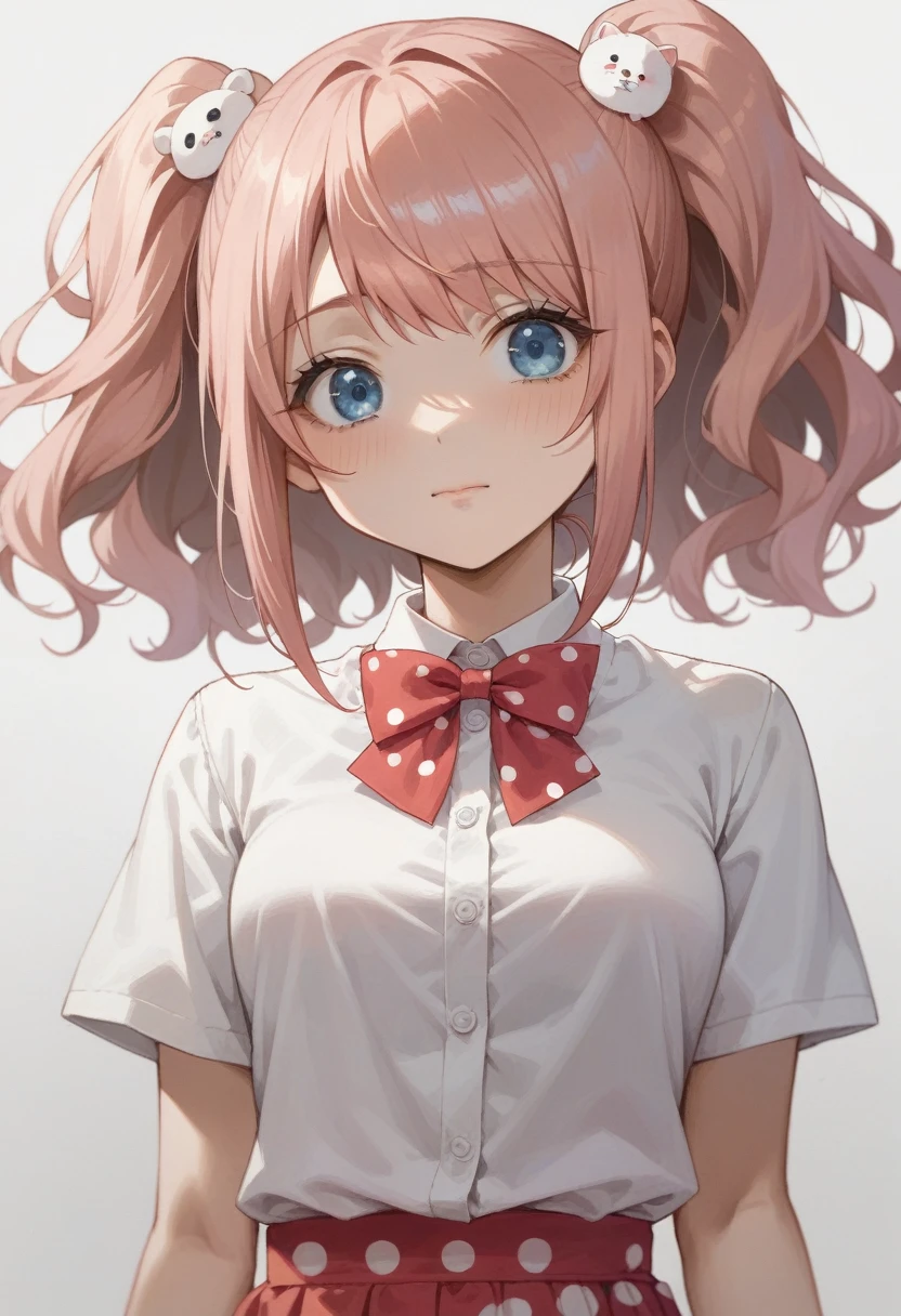 anime girl with pink hair and a bow tie in front of a polka dot background, yayoi kasuma, cute girl with short pink hair, haruno sakura, aya takano color style, rei hiroe, fubuki, anime girl named lucy, nyaruko-san, junko enoshima, sayori, in an anime style, 