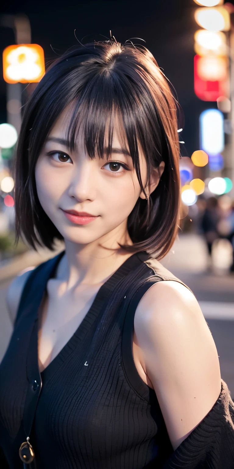 1 girl, Tokyo Street,night, Streetscape,City lights,Upper Body,close,smile,, (8k, RAW Photos, Highest quality, masterpiece:1.2),(Realistic, photo-Realistic:1.37),