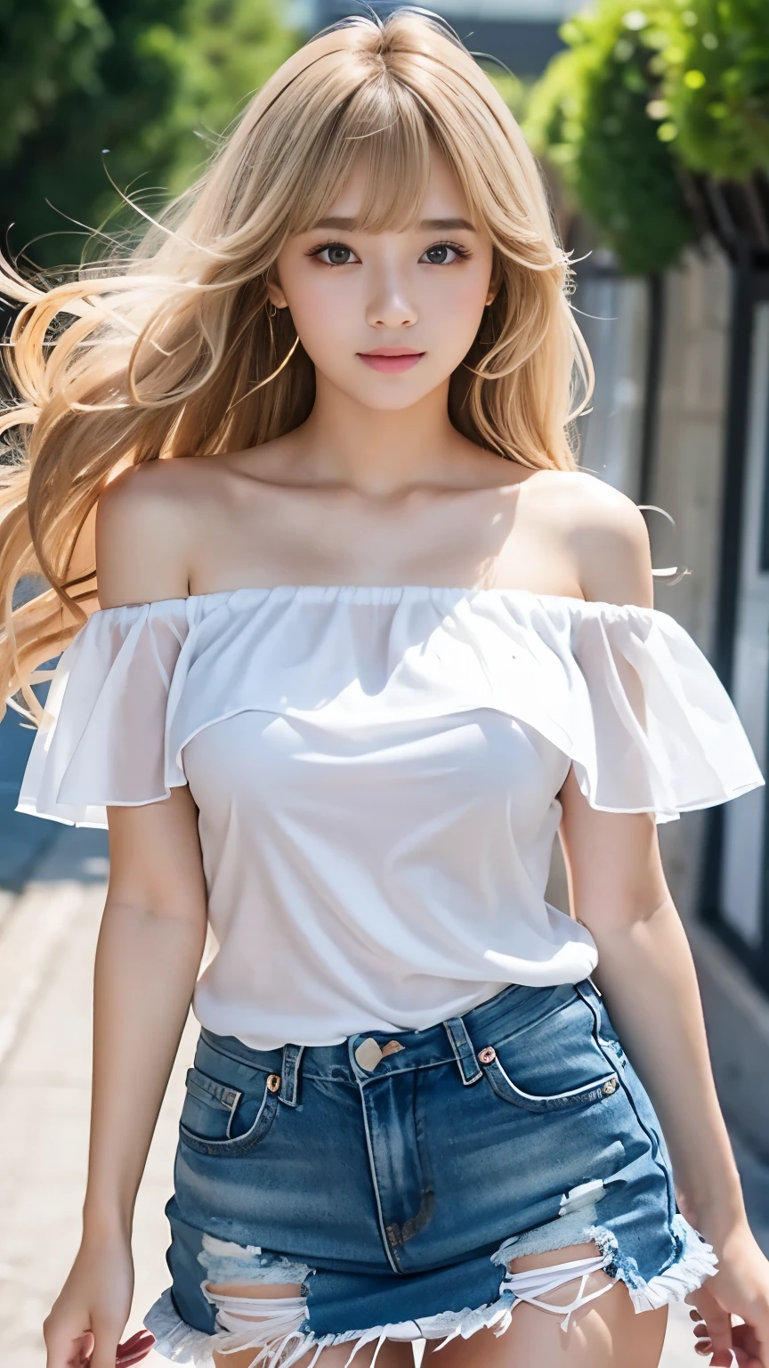 sexy big breasts、Sexy cute looks and cute 15 year old beautiful girl, Beautiful and sexy face、The strong wind blows the hair in front of my face、Beautiful blonde medium wavy hair with cute and sexy eyes hidden by long bangs、Off-the-shoulder t-shirt、Tulle miniskirt