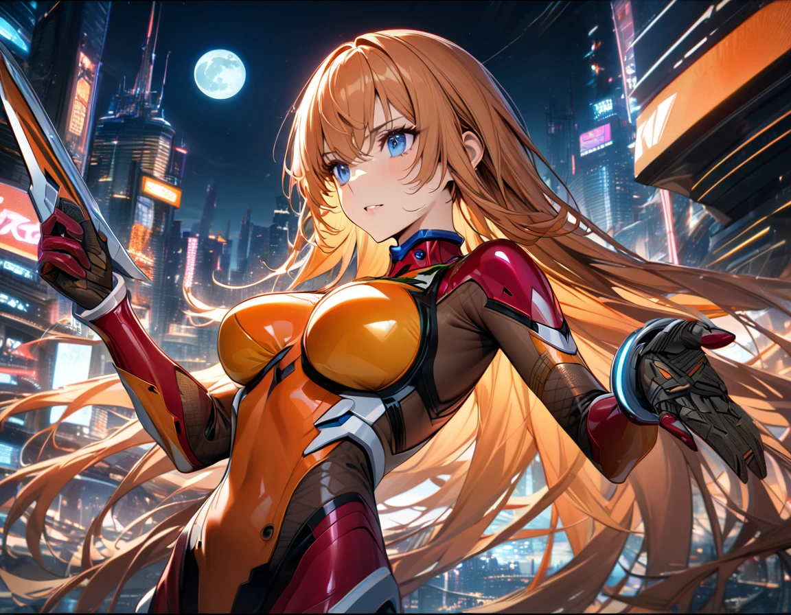 Adult girl, long orange hair, blue eyes, cyborg, very tight transparent batllesuit, cyber blades on hands, transparent elements, Masterpiece, best quality, Full HD, 8k, ultra details, great graphic, asuka koukawa, taimanin suit, bodystocking, futuristic city, night, moon,