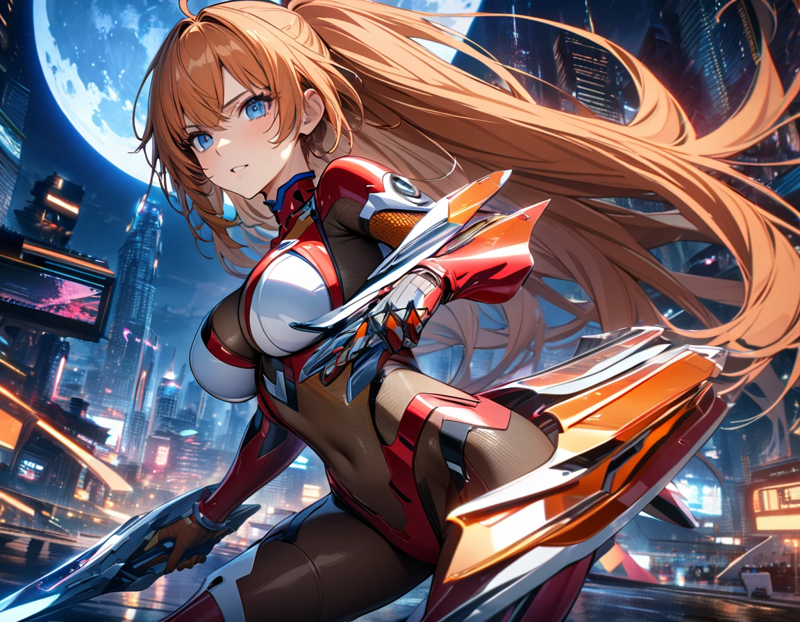 Adult girl, long orange hair, blue eyes, cyborg, very tight transparent batllesuit, cyber blades on hands, transparent elements, Masterpiece, best quality, Full HD, 8k, ultra details, great graphic, asuka koukawa, taimanin suit, bodystocking, futuristic city, night, moon,