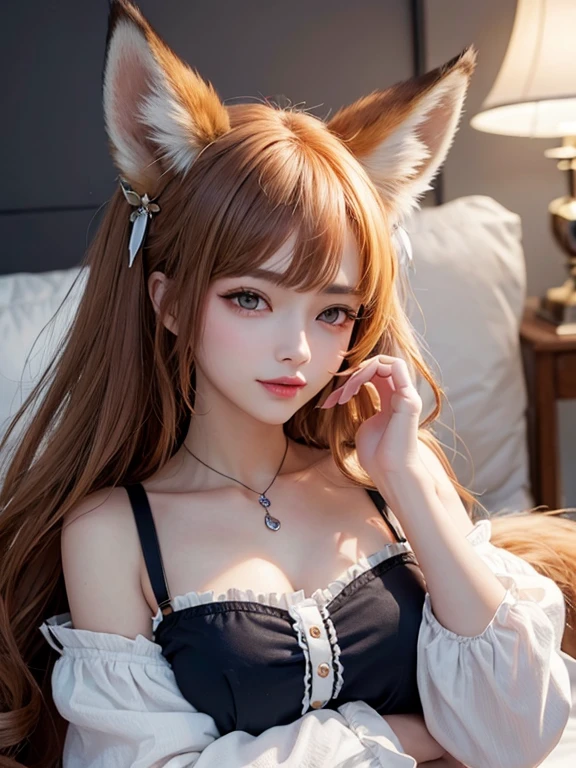 ((Highest quality)), ((masterpiece)), (Familiar), Perfect Face, fox lady, Pretty girl, Fox Ears, Fox's Tail, She has a fox's tail, She wags her fluffy tail, Fur collar, Beautiful hip line, 1 large tail , Thick thighs, A tail growing out from under the skirt, Nice body, On all fours , Shamingly wagging his tail, only one tail, Troubled face, she is an office worker