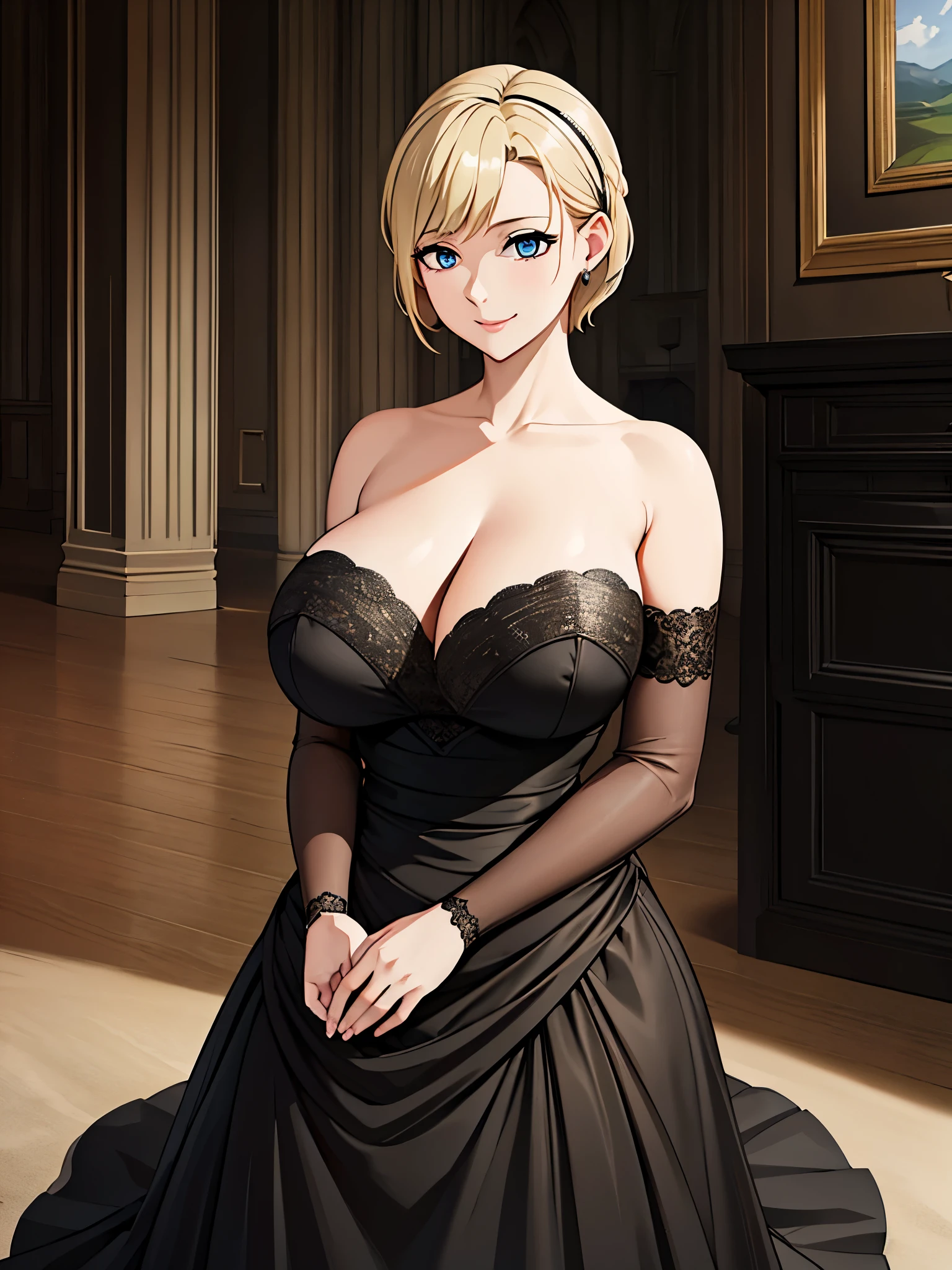 A woman wearing a black dress with silver details on the dress, short blonde hair, blue eyes, in a tower of a sophisticated medieval castle, open tower overlooking a large open field and a sea in the distance, smiling, big breasts,, HDR , ultra resolution, very detailed, masterpiece, HD 8K, (solo, just one girl)
