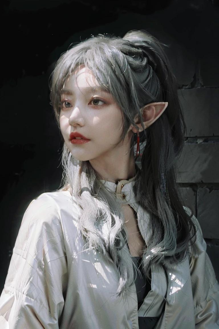 Standing with upper body, Honey, solitary, White skin, Long gray hair, Double ponytail hairstyle, (Elf ears), Green Eyes, Like a gem, earrings, Red Eyeshadow, Red lips, Black Magic Dress, careful, Fake laugh, masterpiece, high quality
