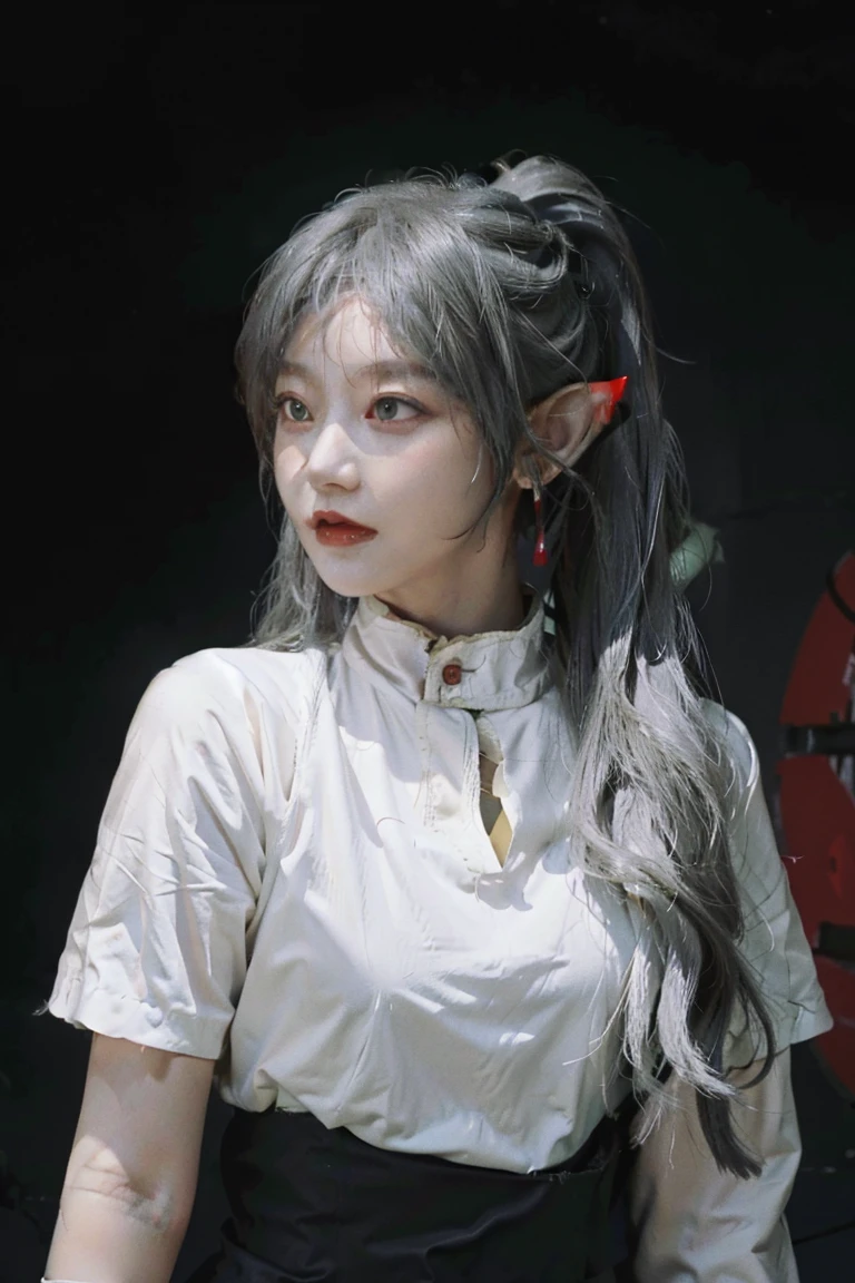 Standing with upper body, Honey, solitary, White skin, Long gray hair, Double ponytail hairstyle, (Elf ears), Green Eyes, Like a gem, earrings, Red Eyeshadow, Red lips, Black Magic Dress, careful, Fake laugh, masterpiece, high quality