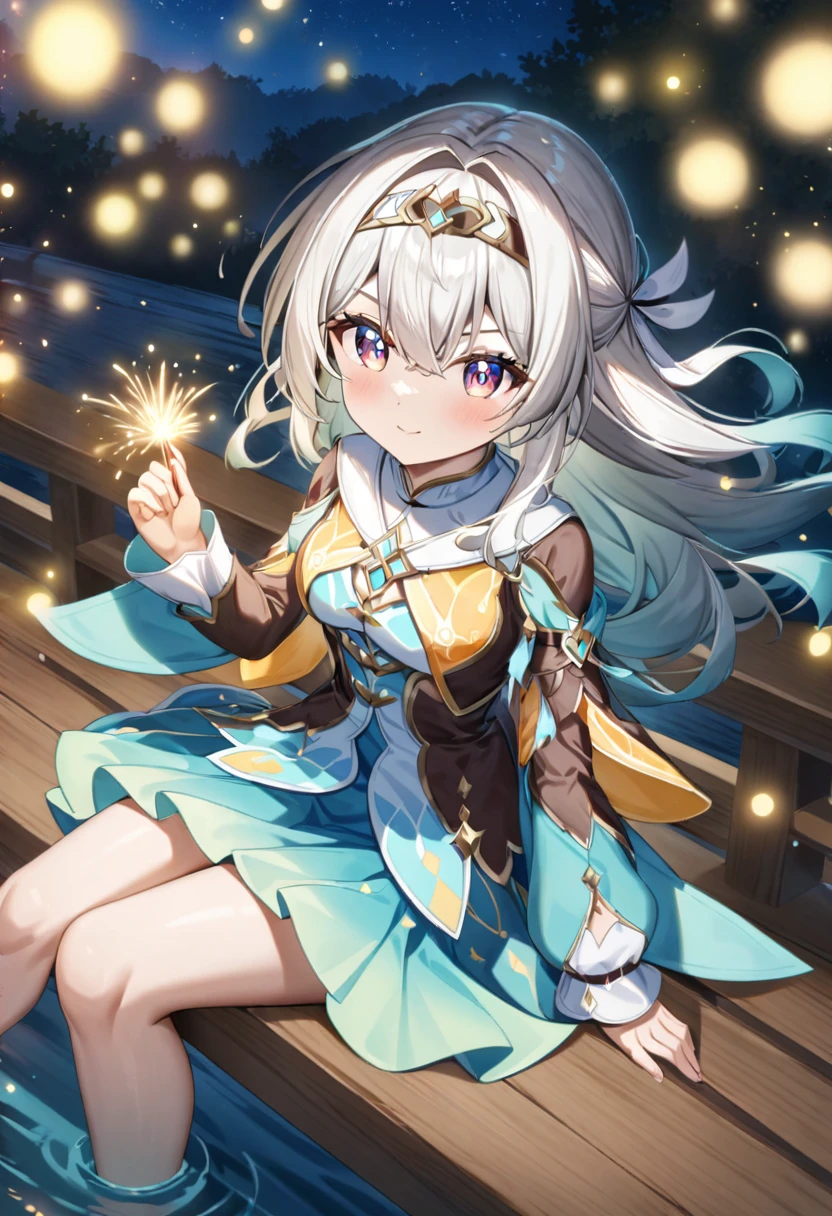 Sit on the bridge,Anime girl holding fireworks, White-haired deity,Cute anime girl in a beautiful skirt, Zerochan art, Official Art, Beautiful Celestial Mage