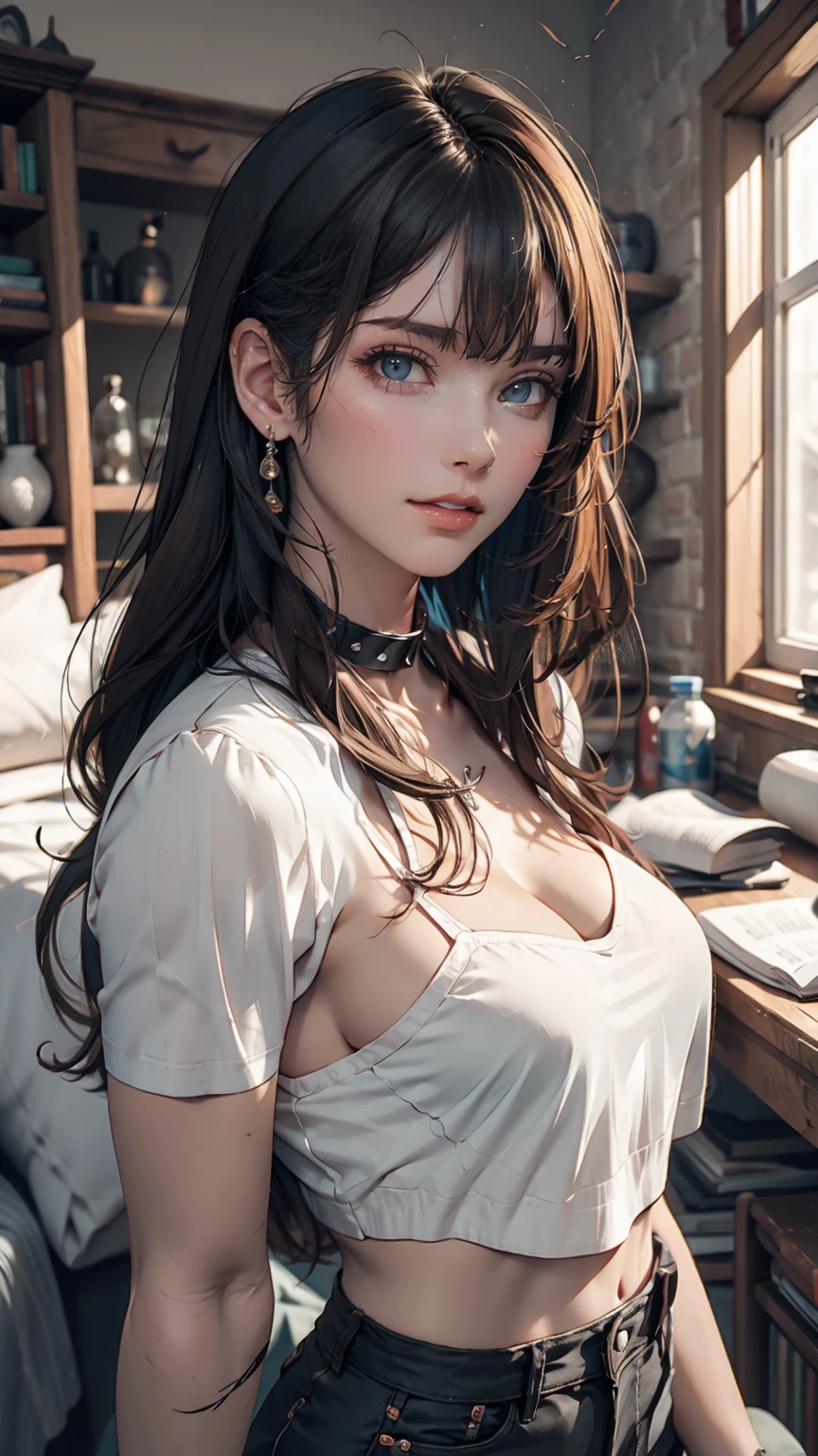 mouth, One girl, alone, In a messy room, guitar, 、Spiked Collar、24 year old Caucasian female、Sexy proportions、Punk rock fashion、