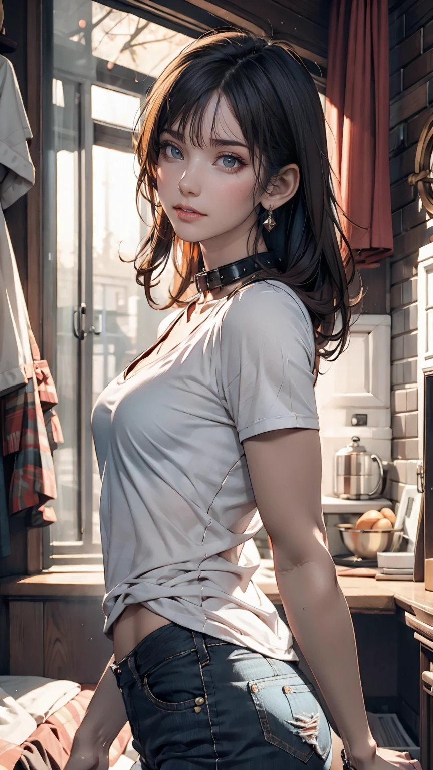 mouth, One girl, alone, In a messy room, guitar, 、Spiked Collar、24 year old Caucasian female、Sexy proportions、Punk rock fashion、