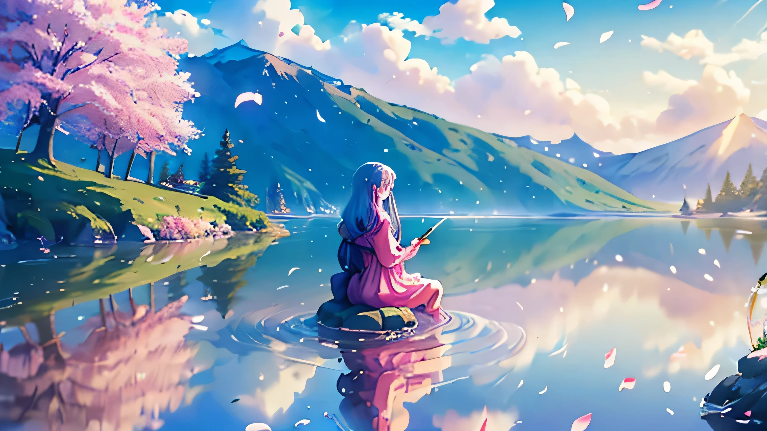 best quality,4k,8k,highres,masterpiece:1.2,ultra-detailed,realistic:1.37,spring scenery and girl reflected on the lake surface,beautiful detailed eyes,beautiful detailed lips,extremely detailed eyes and face,long eyelashes,greenery, vibrant flowers,gentle sunlight,serene atmosphere,mild breeze,splashing water droplets,floating cherry blossom petals,soft ripples on the lake,flowing water,sparkling reflections,tranquil morning,majestic mountains in the background,immaculate blue sky,peaceful lakeside,colourful spring dress,flowing hair,tactile grass texture,photorealistic landscape,painting-like quality,soft pastel colors,picturesque view,harmonious composition,subtle lighting,peaceful ambiance,serene expression,reflective mood Anime girl wearing headphones and sitting at a desk and writing, lofi girl, Lofiatostyle, anime atmosphere, lofi girl aesthetic, Lofiato, Nightcore, portrait of lofi, anime aesthetics, Lofi feeling, Anime lovers, digital anime illustration, anime style 4k, lo fi art, listening to music at 2 am, anime picture