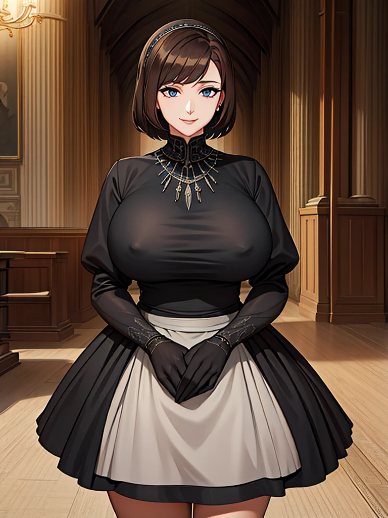 A woman wearing a black dress with silver details on the dress, short red hair, blue eyes, in a tower of a sophisticated medieval castle, open tower overlooking a large open field and a sea in the distance, smiling, big breasts,, HDR , ultra resolution, very detailed, masterpiece, HD 8K, (solo, just one girl)