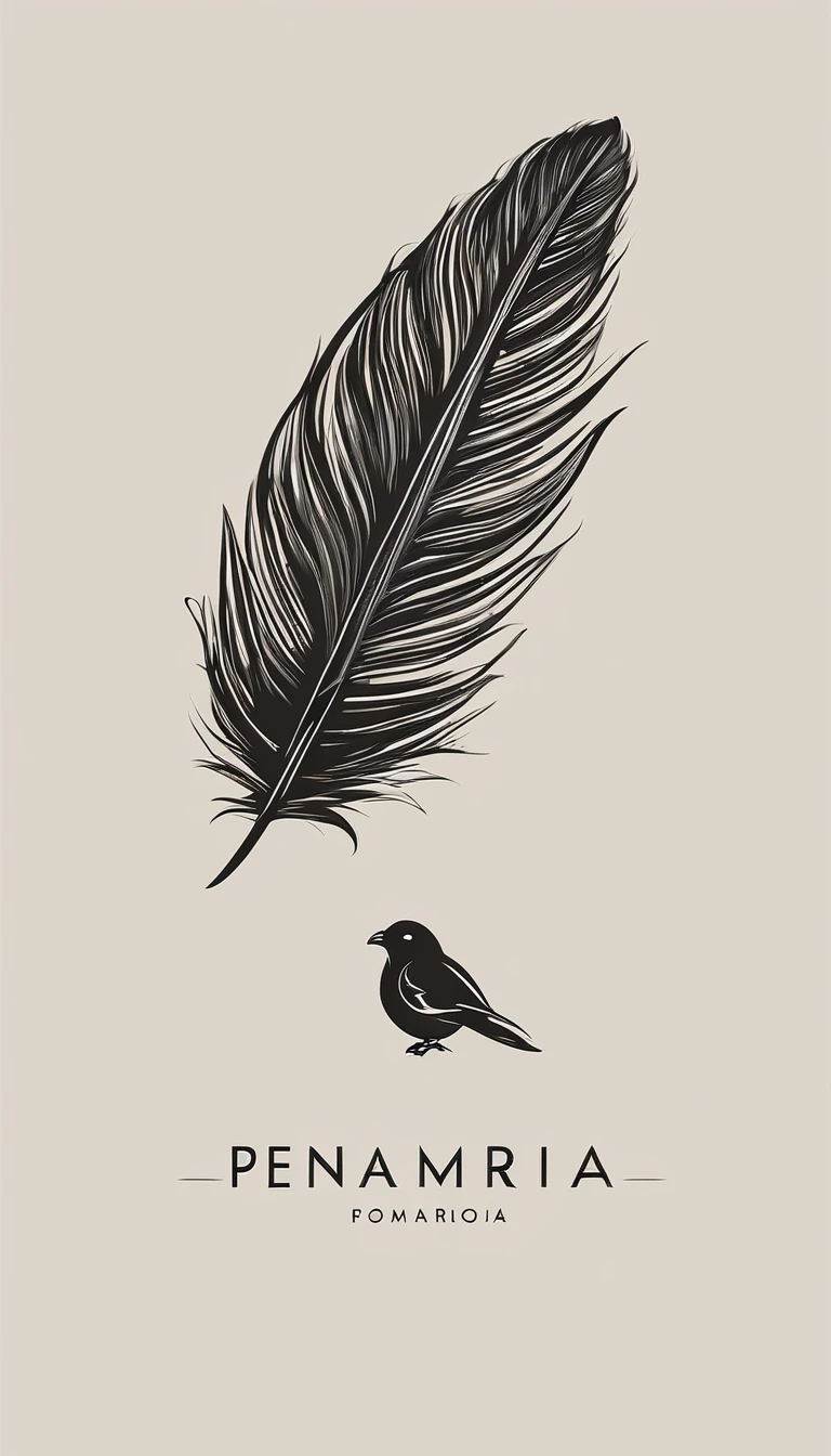 A minimal, modern, simple, cinematic logo design for the brand “Penamemoria". Create a modern, minimalistic, high-quality, logo of a feather-bird