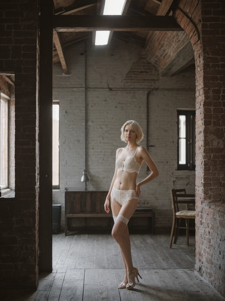 her name is Amelie, high quality, 1girl, ((25-year-old fit Caucasian woman)), ((25 years old)), ((SLIM)), ((short blonde hair)), pose: standing, wearing LINGERIE, BACKGROUND: A cozy loft with exposed brick walls, wooden beams, and large industrial windows overlooking the vibrant cityscape."