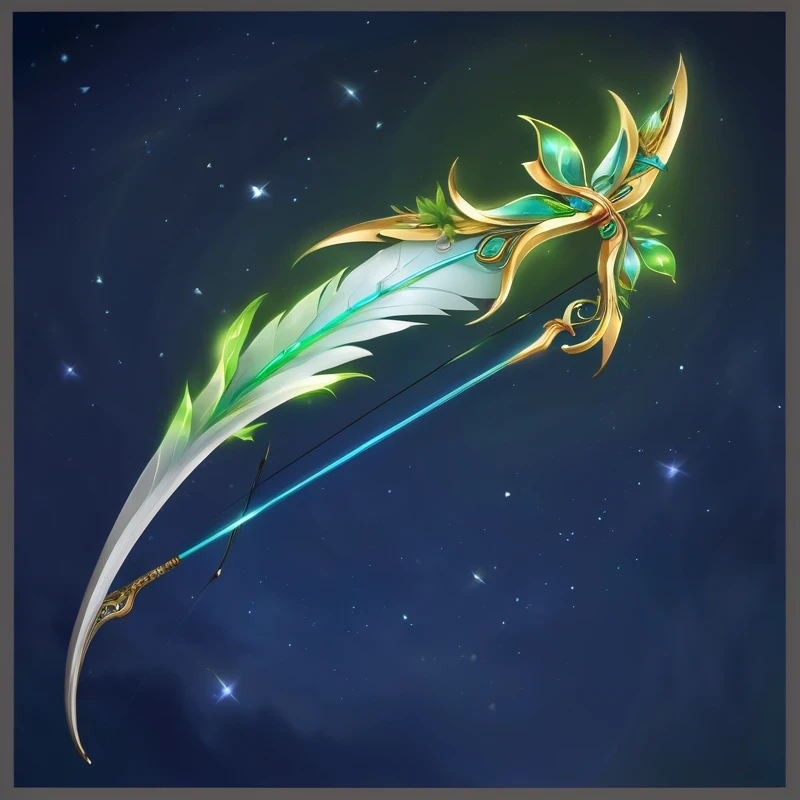 There is a bow in the sky，It is decorated with a leaf, magical longbow, glowing green soul blade, Intricate Fantasy Spear, golden art nouveau scythe blade, Fantasy Scythe, Cyan ethereal tendril wings, Fantasy weapons, sword, Decorative bow, Short bow, A long, delicate, ornate sickle, Fantasy Blade, longbow, Sword weapons