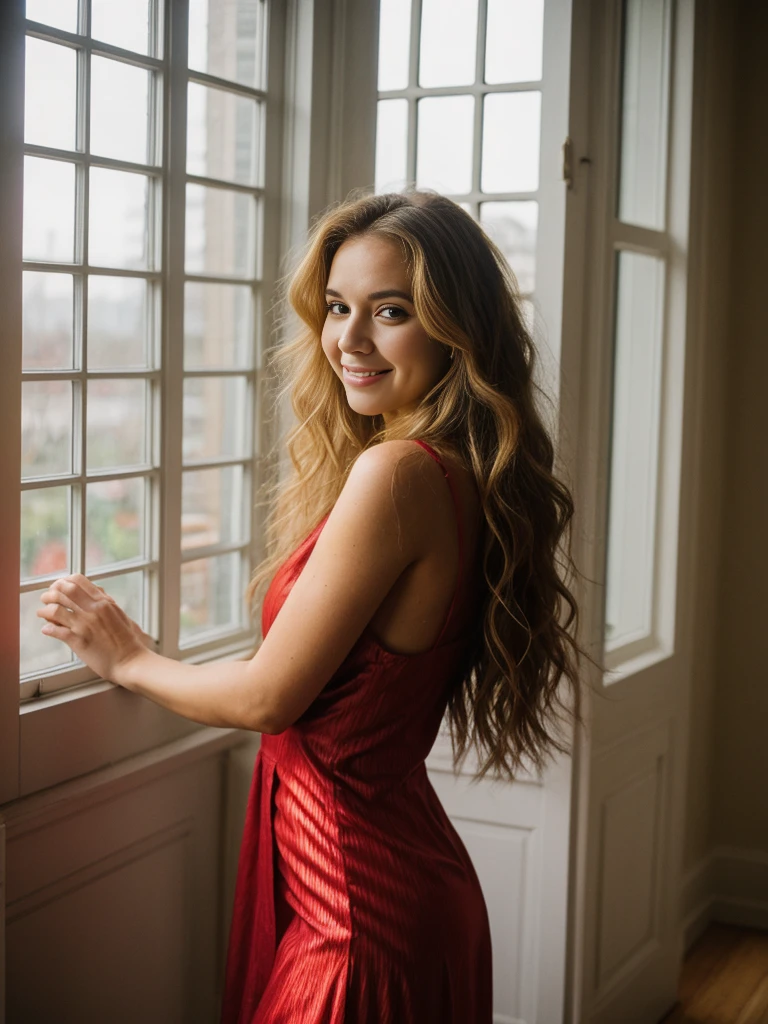 Martha, 1girl, solo,(((30-year-old slim Caucasian woman))), (((mature woman))), ((light beige skin tone)), ((long wavy hair)), ((big wavy hair)), ((dirty blonde hair)), (((wearing a red slinky dress))), standing, posing by the window, captivating smile, background: large windows with view of the outdoors, soft and natural lighting