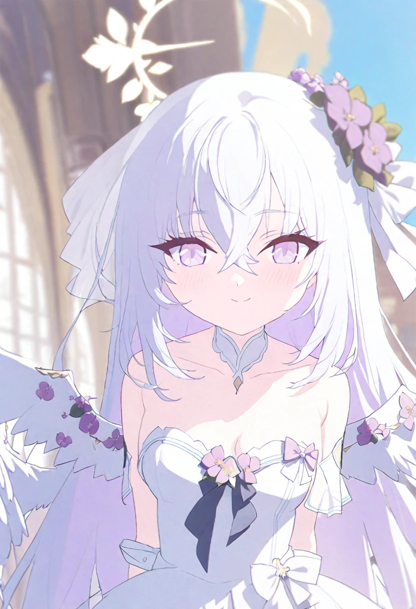azusa \(blue archive\),AddXL, 1girl alternate_costume angel_wings bare_shoulders blush bouquet breasts bridal_veil bride cleavage closed_mouth collarbone dress feathered_wings flower hair_between_eyes halo holding holding_bouquet jewelry long_hair looking_at_viewer small_breasts necklace out_of_frame pink_flower pink_rose pov pov_hands purple_eyes rose solo_focus strapless strapless_dress veil very_long_hair wedding_dress white_dress white_flower white_hair white_rose white_wings wings smile