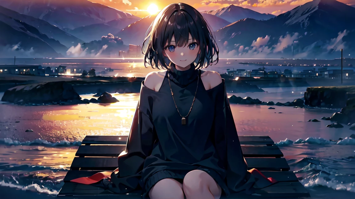 (Dark Scene, Soft lighting, High saturation):1.4, Vivid lighting, Enchanting elegance, Atmospheric Depth, Great technology, Naturalistic representation, Harmonious composition, Creative refinement, Striking contrast, (One Girl, Young Beauty), Sitting, smile, View your audience, From above, Sharp focus, Extra Large_sweater, shoulder, ((sunset)),Volumetric Fog, Outdoor, Backlight