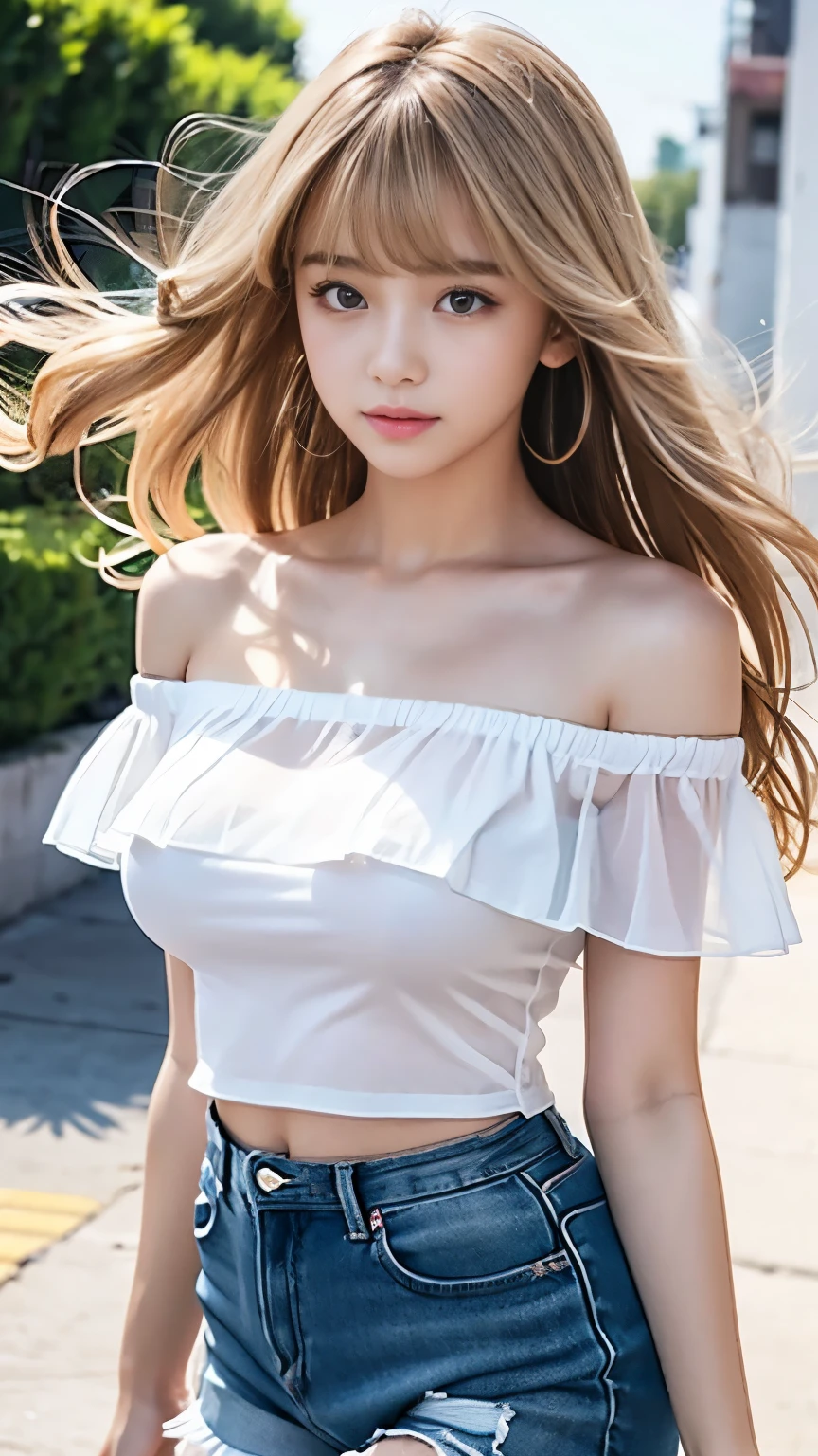 22 year old white female、hair color is blonde、eye color is blue、long hair、setting hair、Have a ponytail、accessories on wrist、I'm wearing a choker、skin is smooth、smile、Slender but muscular body、My heart is pounding、high resolution、Skin is shiny、Wearing a lace off-shoulder top、I'm wearing pants、I'm wearing pumps、In front of Horizont in the photo studio、Flowers are arranged in a vase on a narrow medieval table.