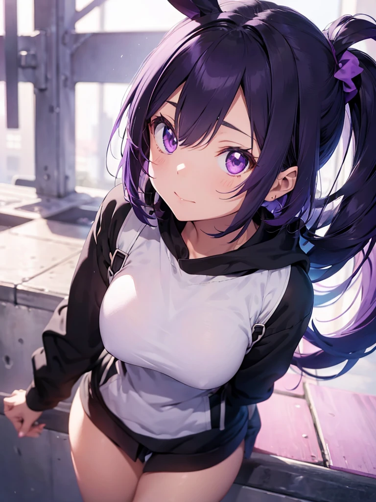 cute anime girl in black sweatshirt with short purple hair with big purple bunny ears with purple eyes