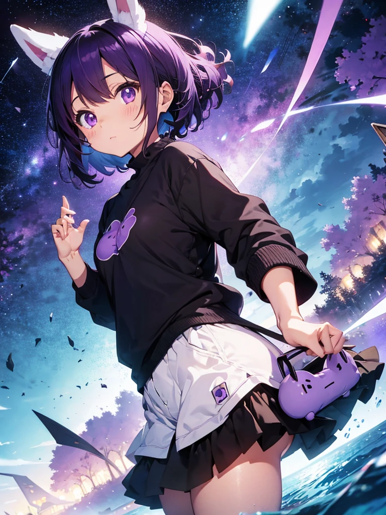  cute anime girl in black sweatshirt with short purple hair with big purple bunny ears with purple eyes