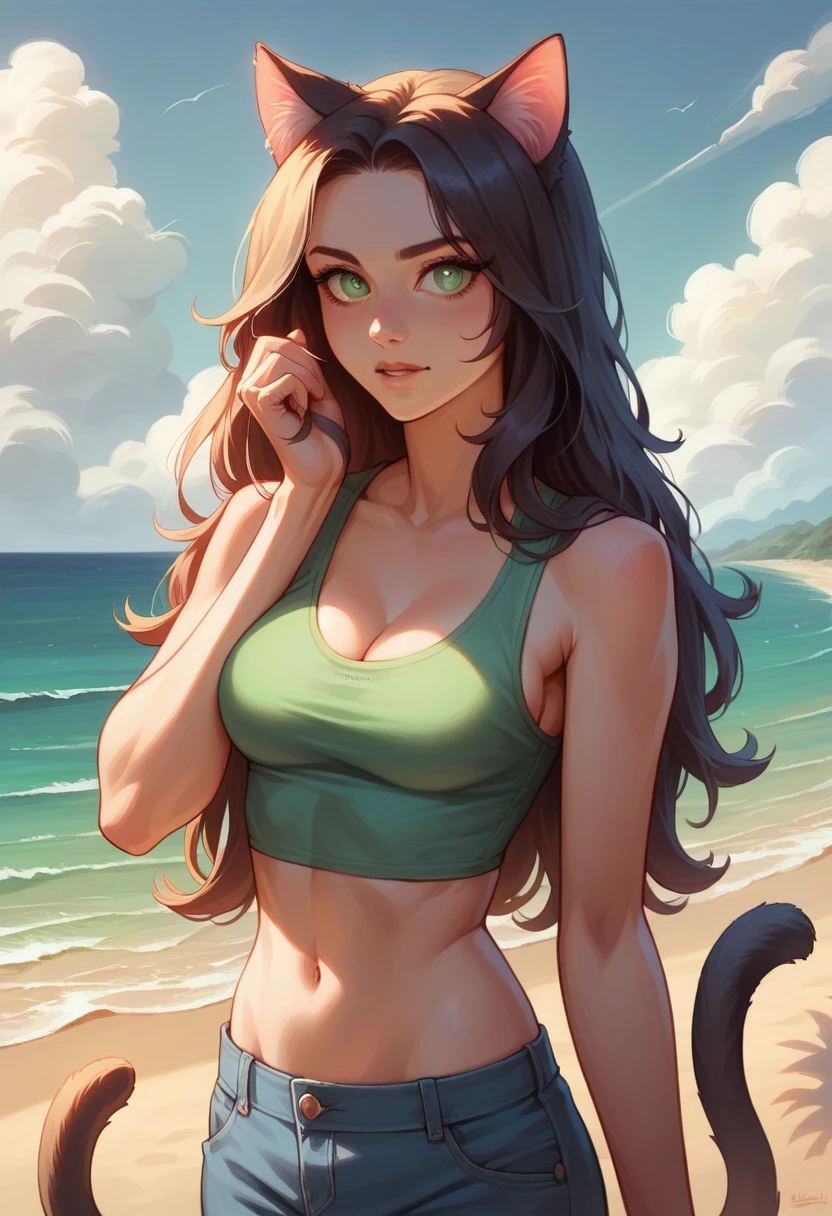 https://promptchan.ai/nsfw-ai-chatbest quality, masterpiece, detailed , 1girl, beach, sunbeam, windy, long hair, green eyes, cat ears, cat tail, detailed eyes, midriff,