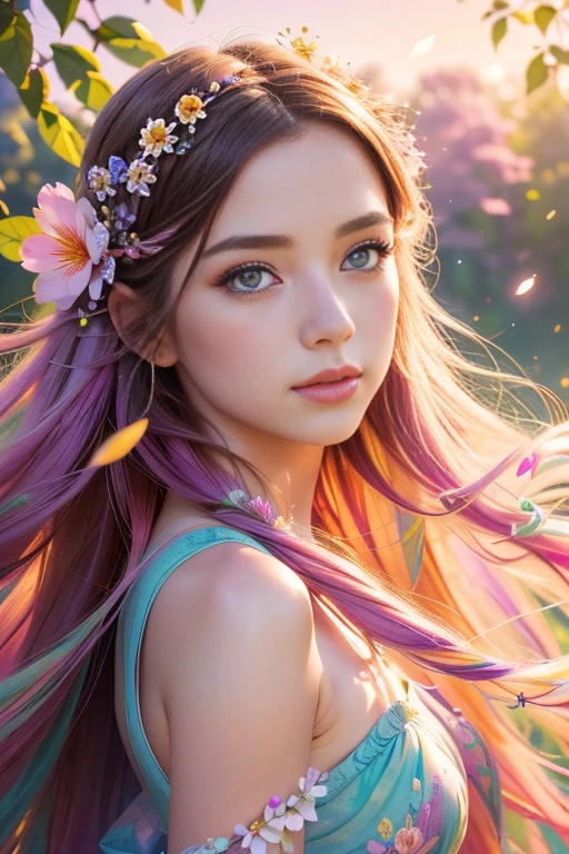 A whimsical girl with long flowing flower hair,dancing in a vibrant colorful field,dreamy watercolor painting,beautiful detailed eyes,beautiful detailed lips,extremely detailed face and portrait,intricate floral hairstyle,magical realism,natural lighting,pastel colors,soft focus,ethereal atmosphere,delicate brushstrokes,lush flora,impressionistic,romantic,fantasy,high quality