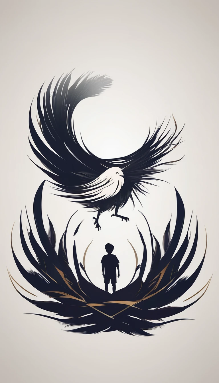 A minimal, modern, simple, cinematic logo design for the brand“Penamemoria". Create a modern, minimalistic, high-quality, logo of a boy inside a nest made of feathers. The logo must be a symbol for dreams, stories, memories, music and imagination.