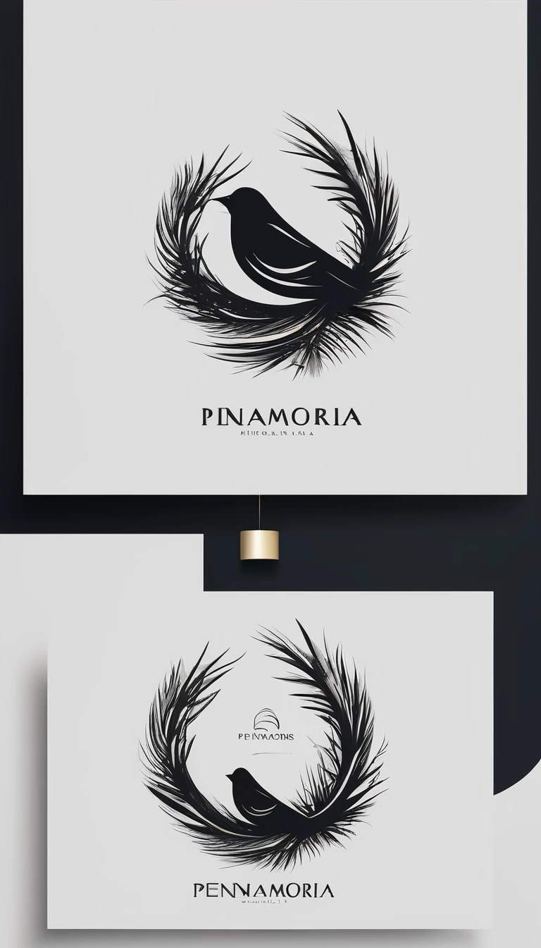A minimal, modern, simple, cinematic logo design for the brand“Penamemoria". Create a modern, minimalistic, high-quality, logo of a boy inside a nest made of feathers. The logo must be a symbol for dreams, stories, memories, music and imagination.