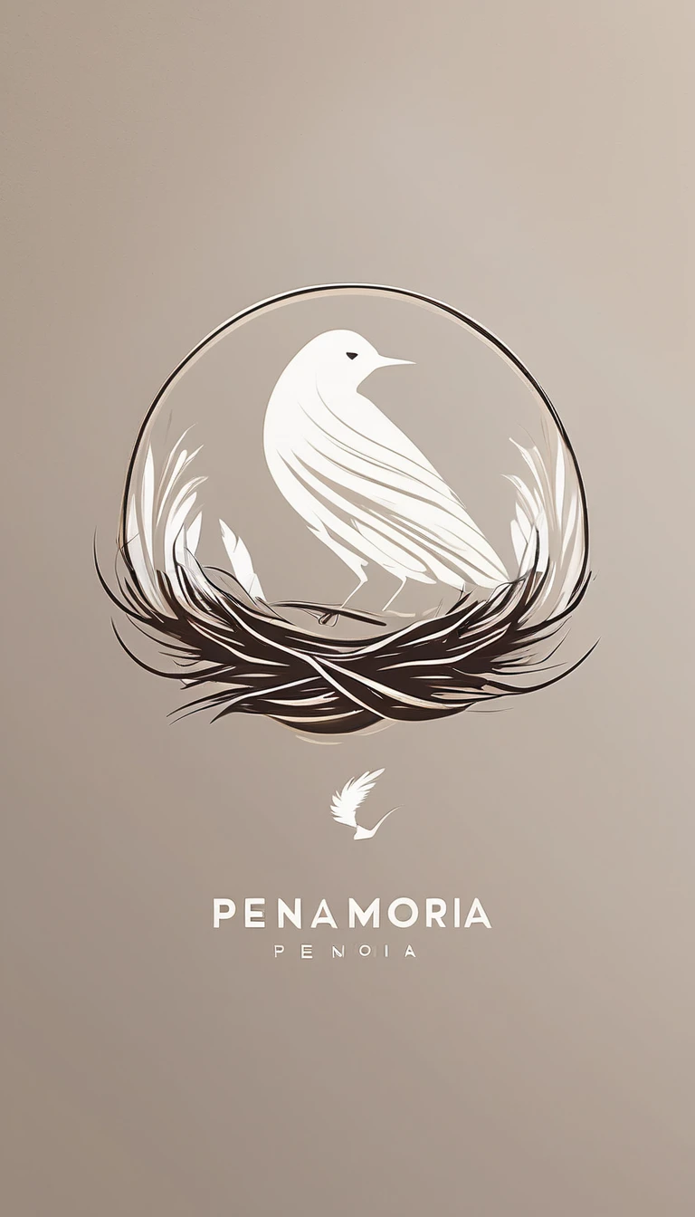 A minimal, modern, simple, cinematic logo design for the brand“Penamemoria". Create a modern, minimalistic, high-quality, logo of a boy inside a nest made of feathers. The logo must be a symbol for dreams, stories, memories, music and imagination.