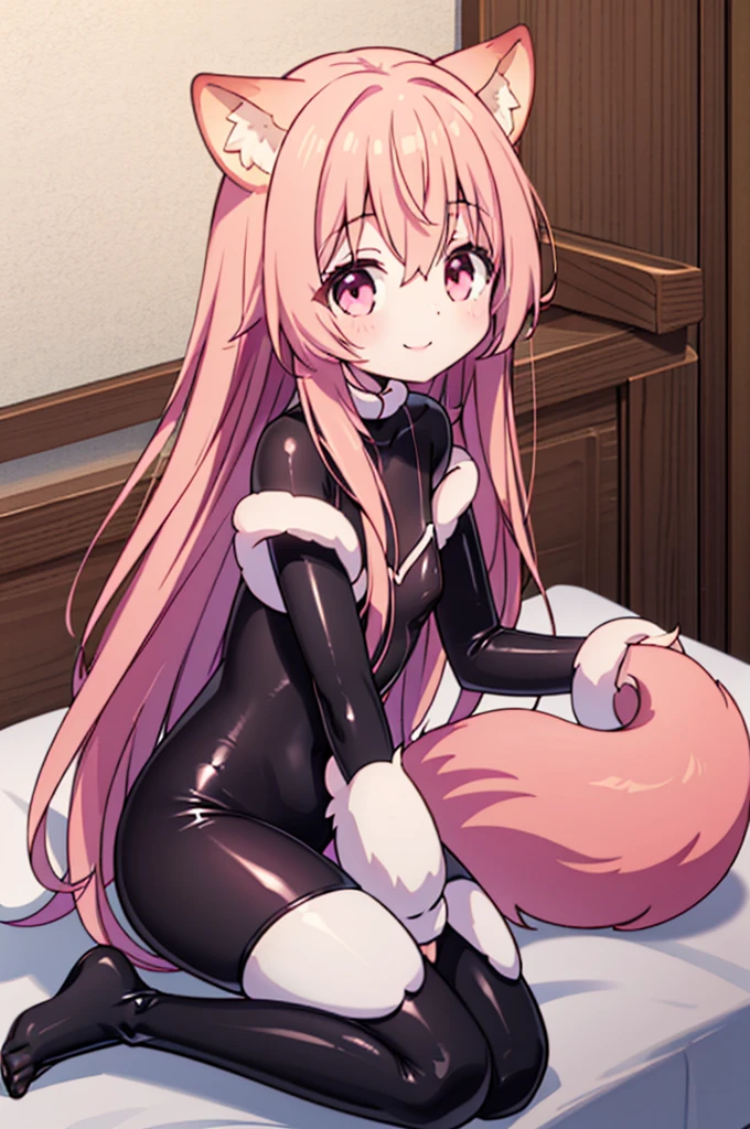 Nazuna, (1girl), (furry), (furry female), smile, outside, full body, ((clothed)), fox girl, body fur, ((pink fur)), pink hair, fox ears, fox tail, bedroom, looking at viewer, ((high res)), digital painting, latex, latex bodysuit, bodysuit, ((black))
