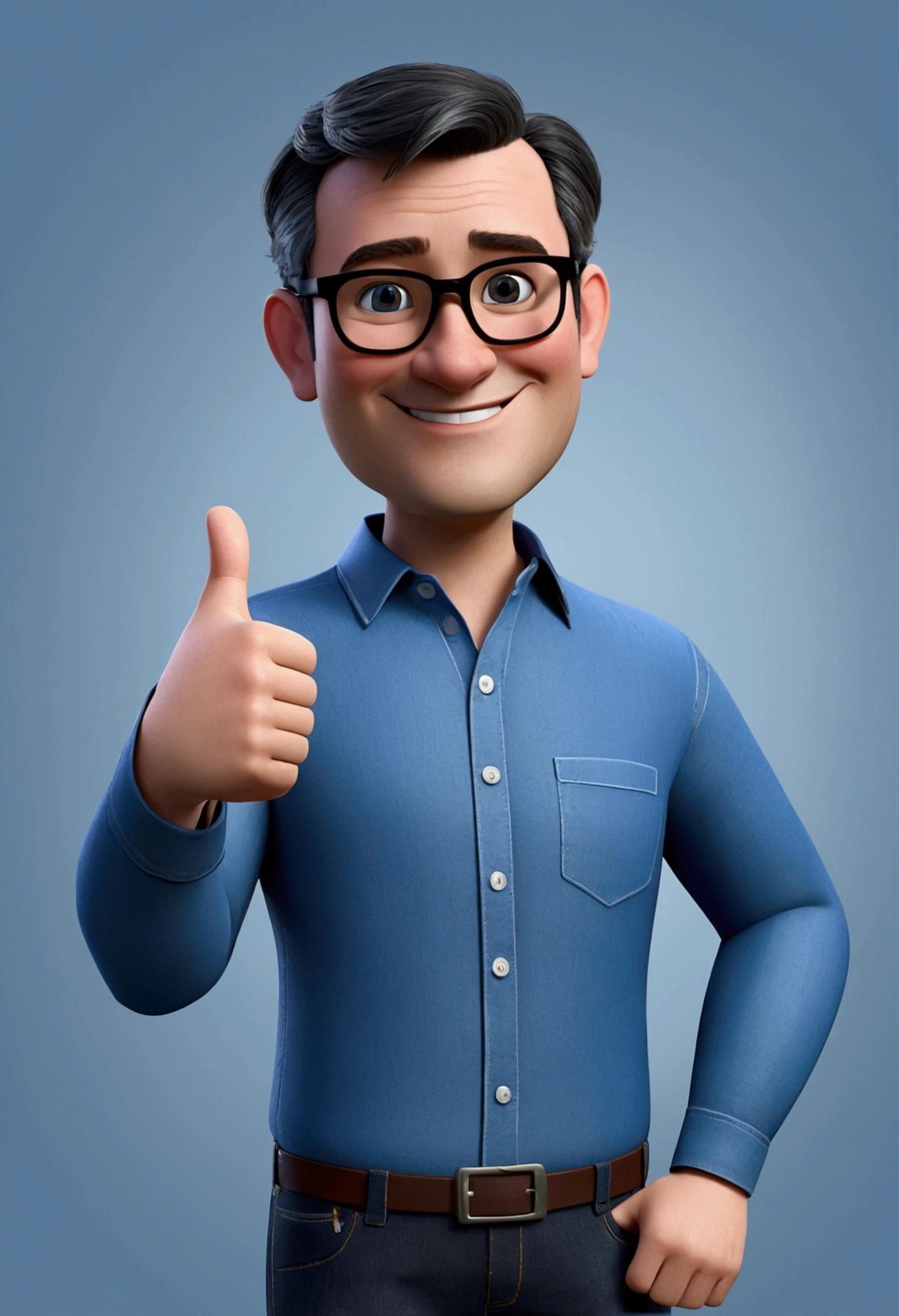 3d avatar pixar style politician man with dark square frame glasses, dark slanted eyes, short dark hair with gray strands, blue long-sleeved dress shirt, jeans, low smile and making a "thumbs up" gesture with his left hand. wide oval face round nose small ear, chubby