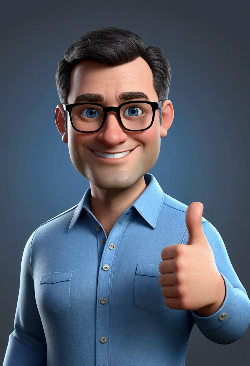 3d avatar pixar style politician man with dark square frame glasses, dark slanted eyes, short dark hair with gray strands, blue long-sleeved dress shirt, jeans, low smile and making a "thumbs up" gesture with his left hand. wide oval face round nose small ear, chubby