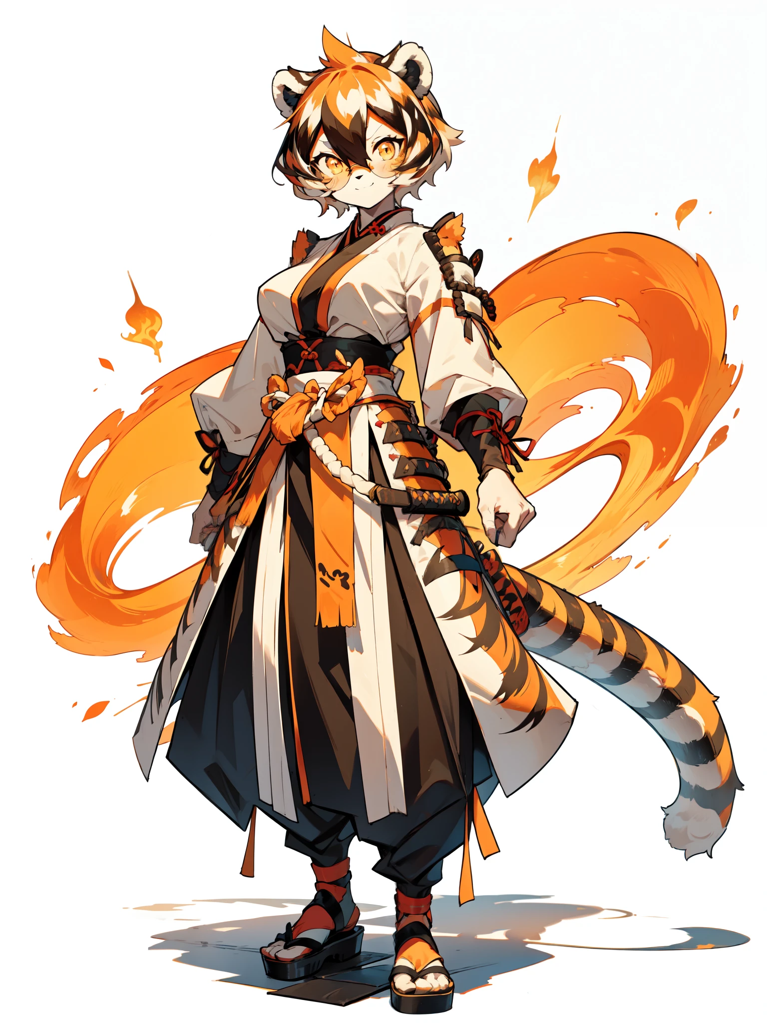 white background, full body,1girl，solo, Standing, animal ears, white hair, black hair, short hair, large breasts, Abdominal muscles,, tail, orange eyes, orange hair, multicolored hair, tiger girl, hair between eyes, tiger_ears, tiger_tail, orange-tinted_eyewear, tinted_eyewear, big breasts, evil smile, Shadows under feet,  (((samurai outfit:1.2))),