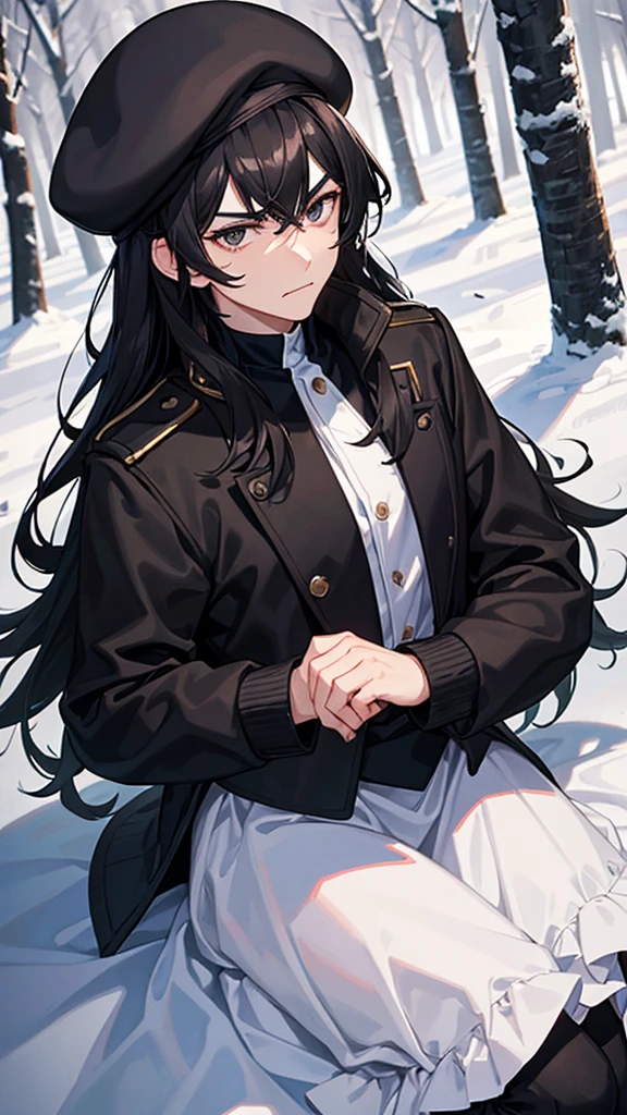 *Black shaggy-haired boy, Beret and black eyes, white skinned and a little angry, a pretty and tender face, black vest, with snowy forest landscape at night*