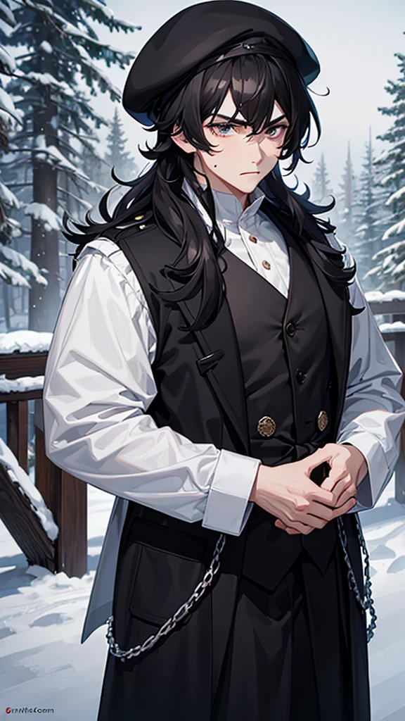 *Black shaggy-haired boy, Beret and black eyes, white skinned and a little angry, a pretty and tender face, black vest, with snowy forest landscape at night*